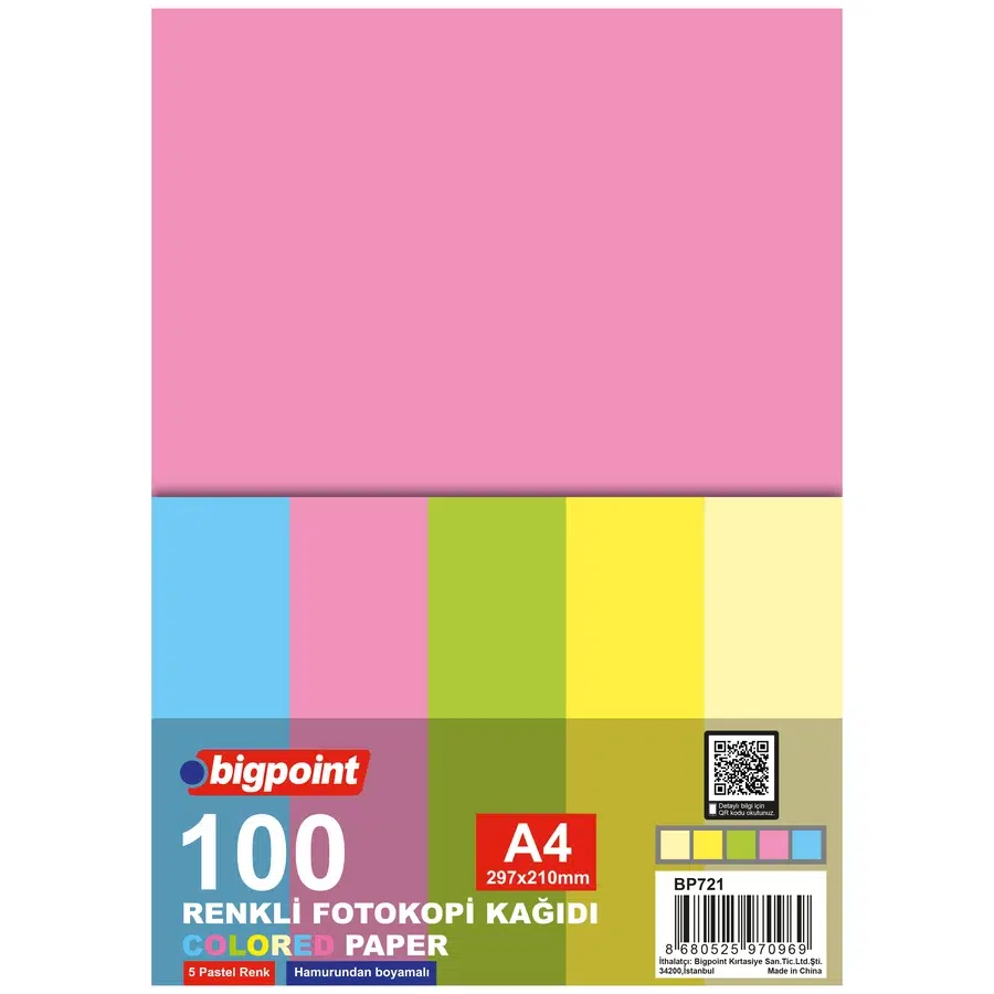 Bigpoint A4 Renkli Fotokopi Kağıdı 5 Pastel Renk 100'lü Paket