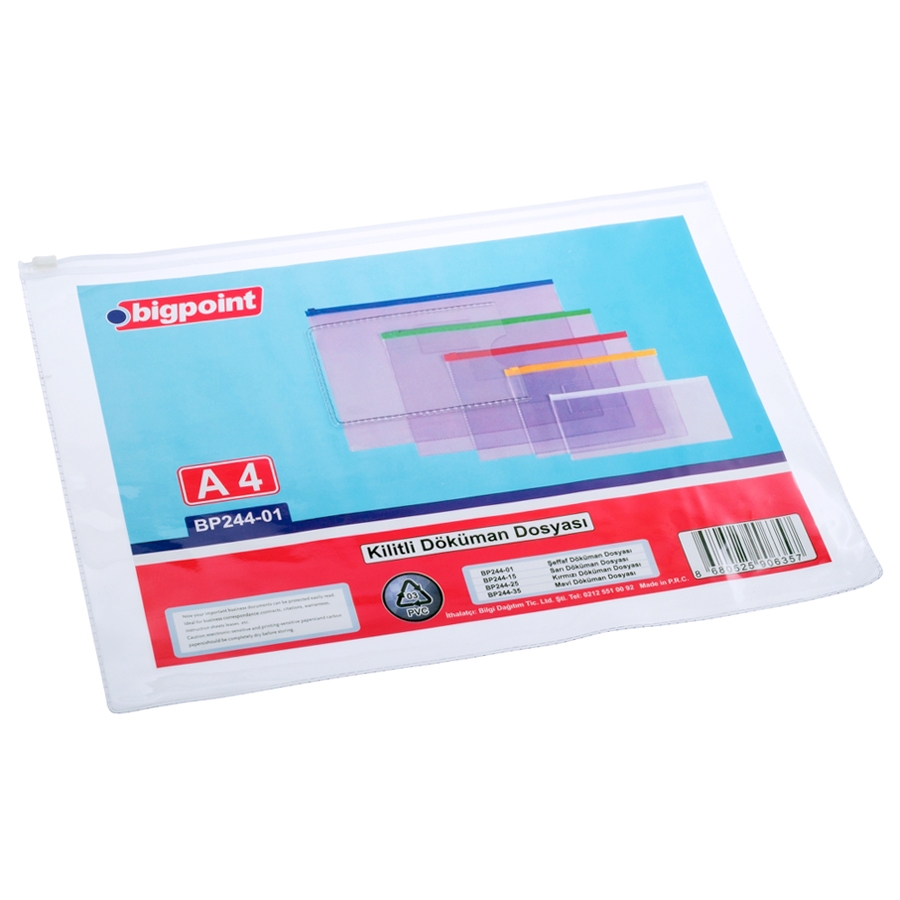 Bigpoint Kilitli Döküman Dosyası A4 PVC Beyaz 12'li Poşet