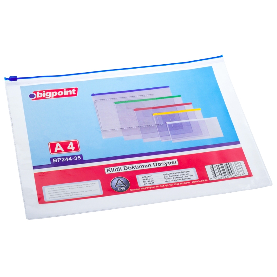 Bigpoint Kilitli Döküman Dosyası A4 PVC Mavi 12'li Poşet