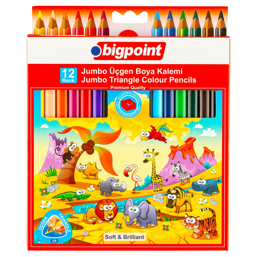 Bigpoint Jumbo Üçgen Kuru Boya Kalemi 12 Renk 12'li Stand