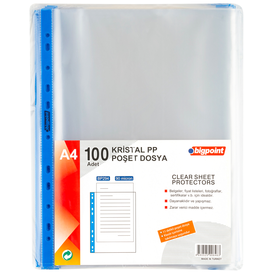 Bigpoint Poşet Dosya Mavi Şeritli Kristal 90 Mikron 500'lü Paket