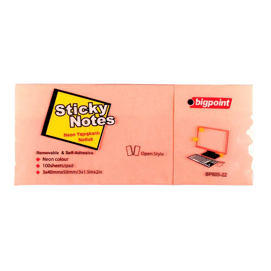 Bigpoint Yapışkanlı Not Kağıdı 3'lü 40x50mm Neon Pembe x 4 Paket