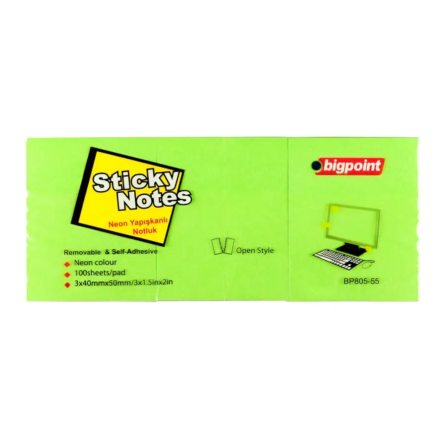 Bigpoint Yapışkanlı Not Kağıdı 3'lü 40x50mm Neon Yeşil x 4 Paket