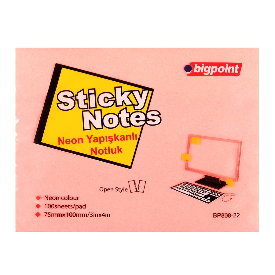 Bigpoint Yapışkanlı Not Kağıdı 75x100mm Neon Pembe 12'li Paket