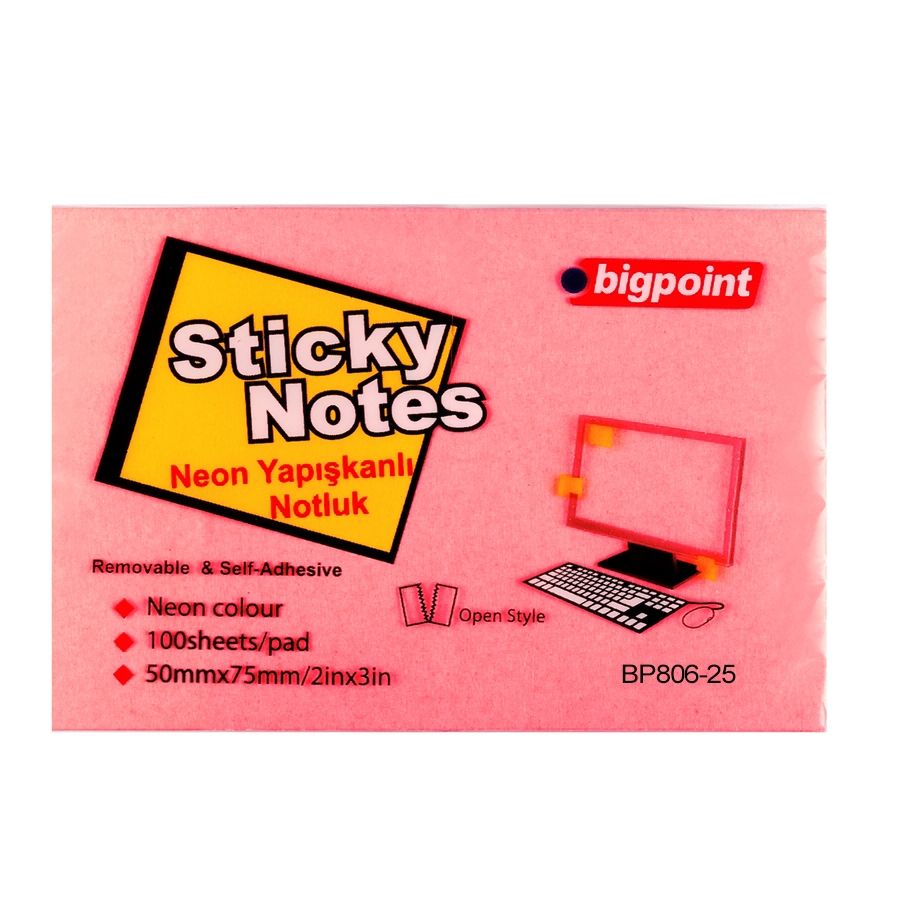 Bigpoint Yapışkanlı Not Kağıdı 75x50mm Neon Kırmızı 12'li Paket
