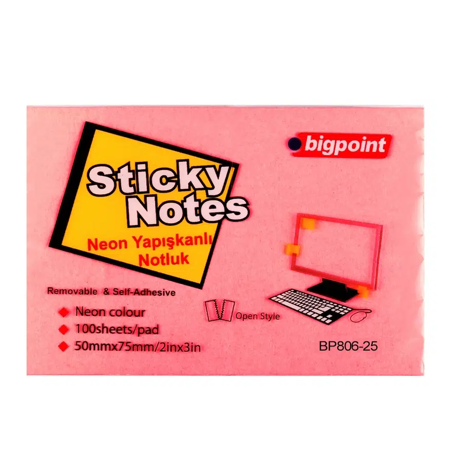 Bigpoint Yapışkanlı Not Kağıdı 75x50mm Neon Kırmızı x 12 Adet
