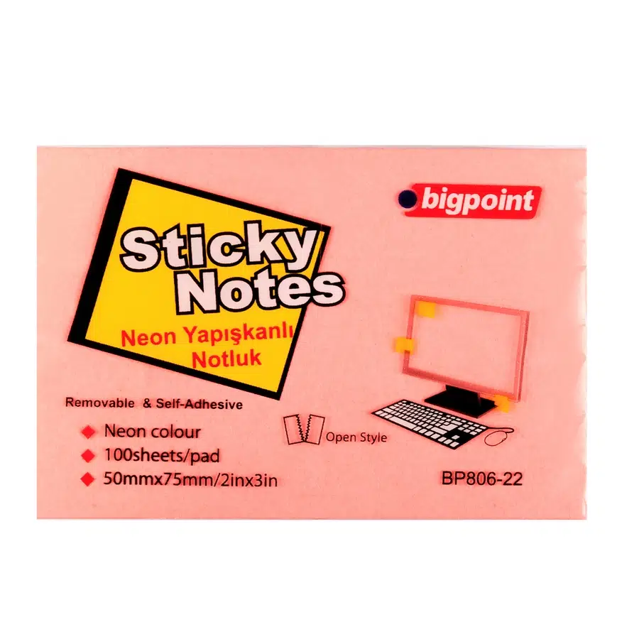 Bigpoint Yapışkanlı Not Kağıdı 75x50mm Neon Pembe x 12 Adet