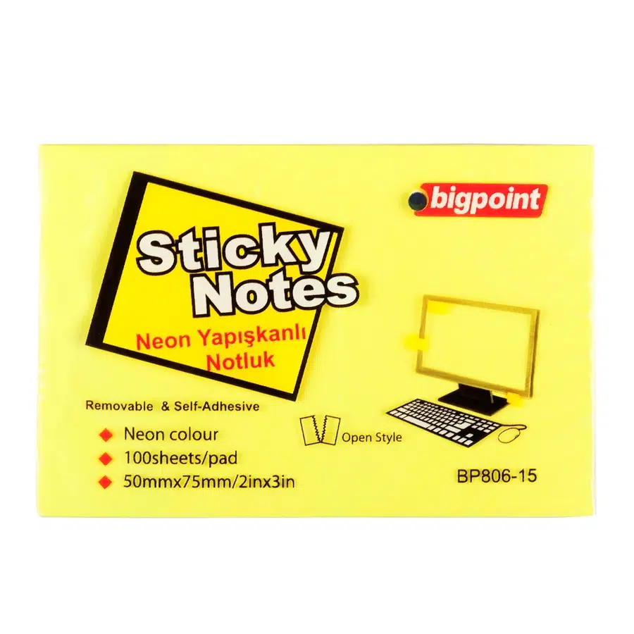 Bigpoint Yapışkanlı Not Kağıdı 75x50mm Neon Sarı x 12 Adet