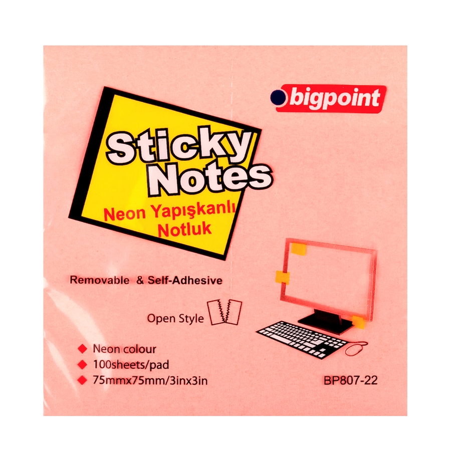 Bigpoint Yapışkanlı Not Kağıdı 75x75mm Neon Pembe 12'li Paket