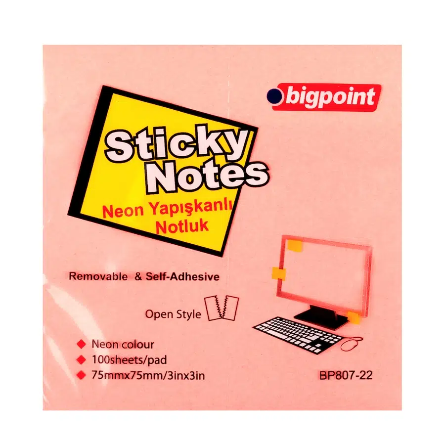 Bigpoint Yapışkanlı Not Kağıdı 75x75mm Neon Pembe x 12 Adet
