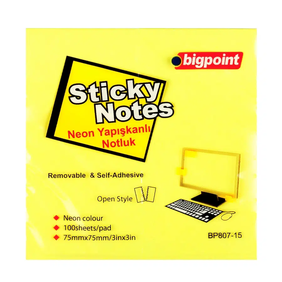 Bigpoint Yapışkanlı Not Kağıdı 75x75mm Neon Sarı x 12 Adet