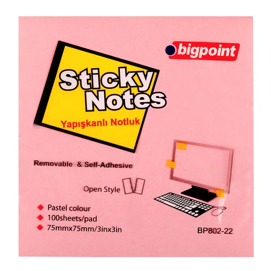 Bigpoint Yapışkanlı Not Kağıdı 75x75mm Pembe x 12 Adet