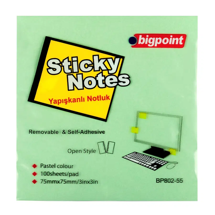 Bigpoint Yapışkanlı Not Kağıdı 75x75mm Yeşil x 12 Adet