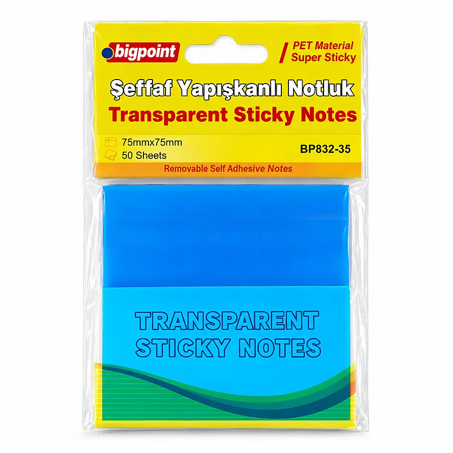 Bigpoint PET Yapışkanlı Şeffaf Notluk 75x75mm Mavi x 12 Adet