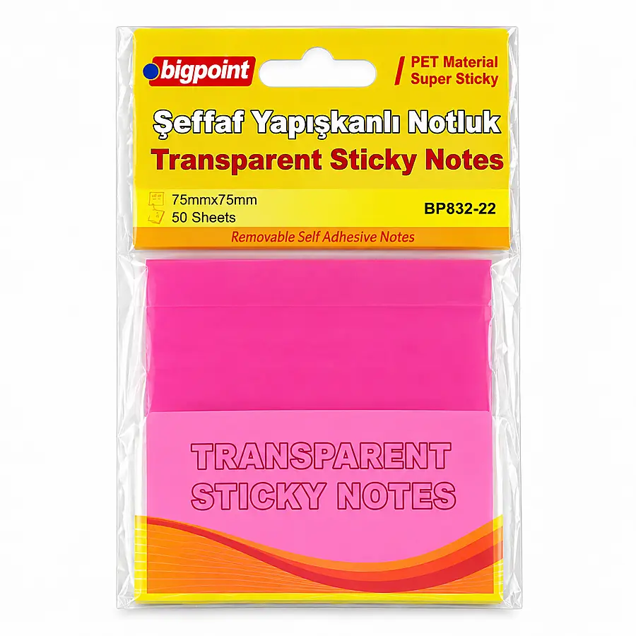 Bigpoint PET Yapışkanlı Şeffaf Notluk 75x75mm Pembe x 12 Adet