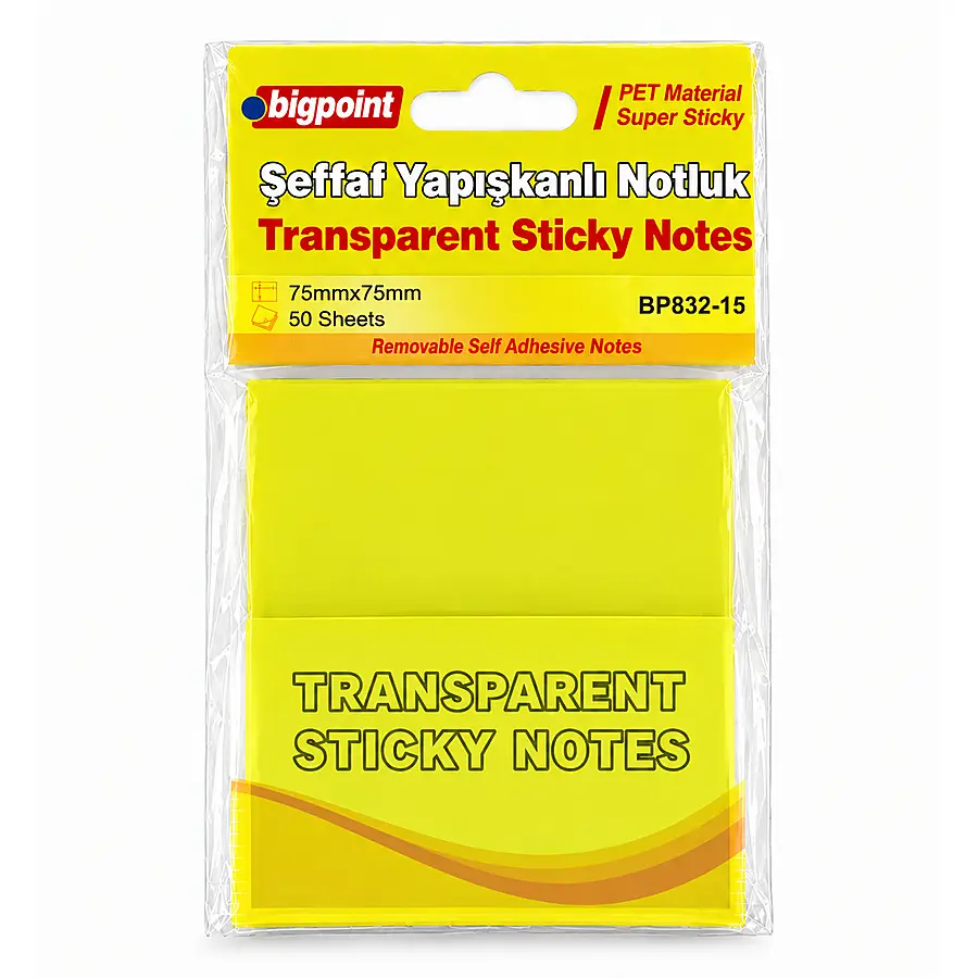 Bigpoint PET Yapışkanlı Şeffaf Notluk 75x75mm Sarı x 12 Adet