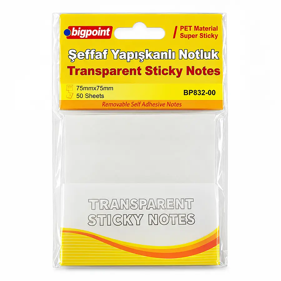 Bigpoint PET Yapışkanlı Şeffaf Notluk 75x75mm x 12 Adet