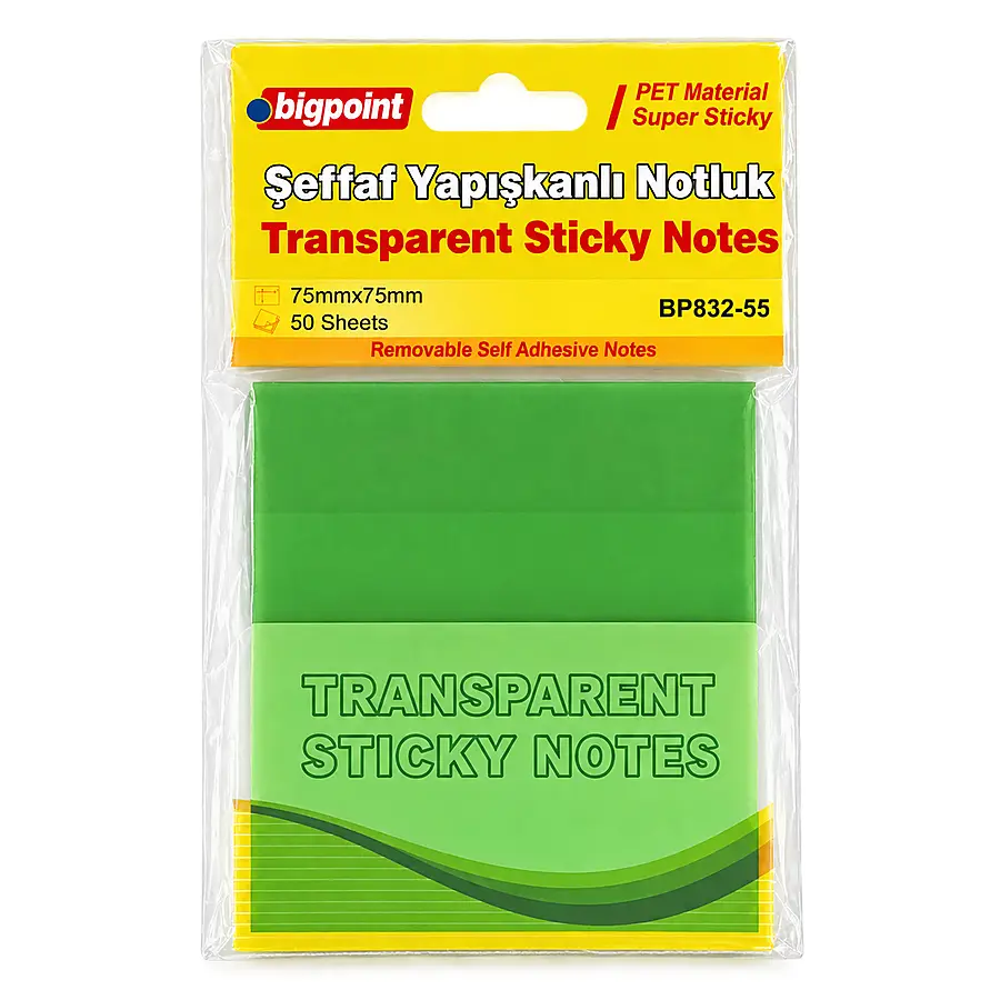 Bigpoint PET Yapışkanlı Şeffaf Notluk 75x75mm Yeşil x 12 Adet